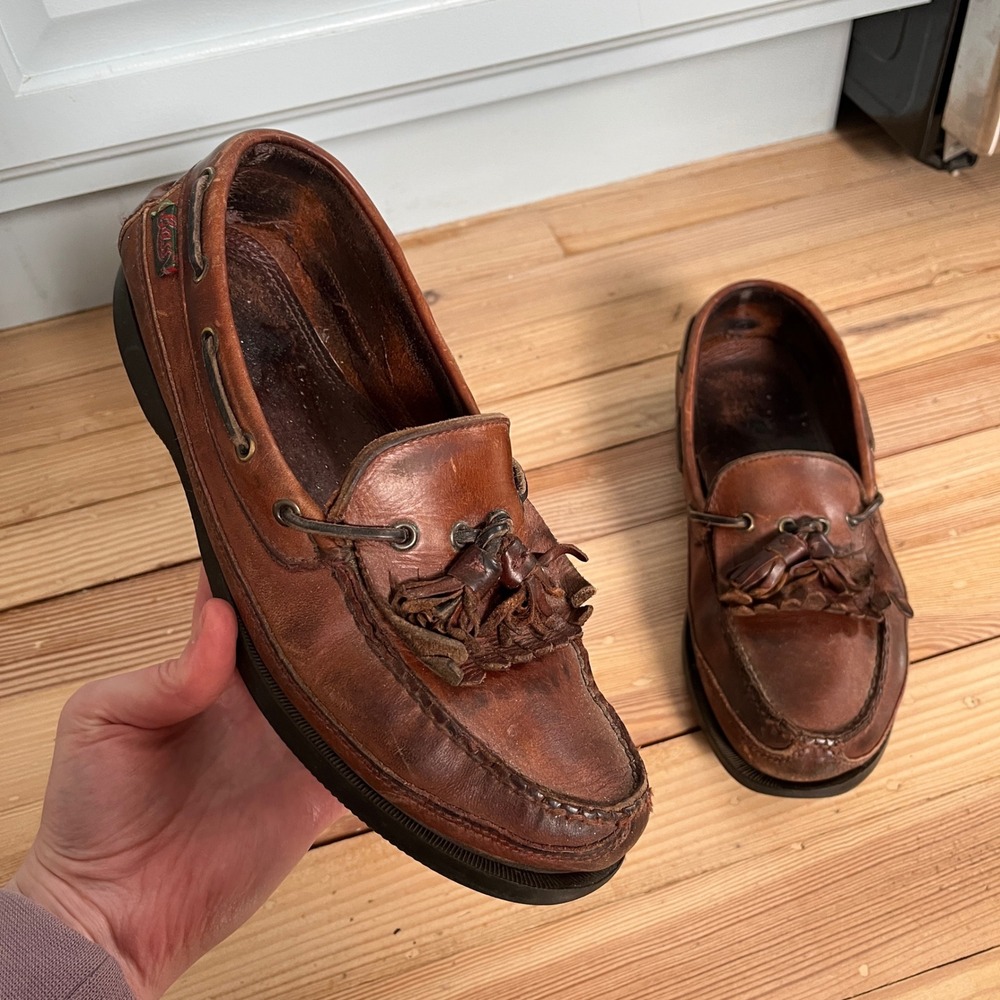 Bass Brown Leather Kiltie Tassel Boat Shoes Mens 9.5 Preppy Slip On Loafers VTG‎